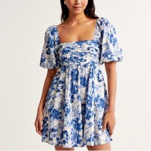 Abercrombie Blue Floral Emerson Linen-Blend Puff Sleeve Mini Dress